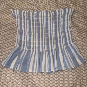 American Eagle Blue & White Striped Smocked Strapless Crop Top